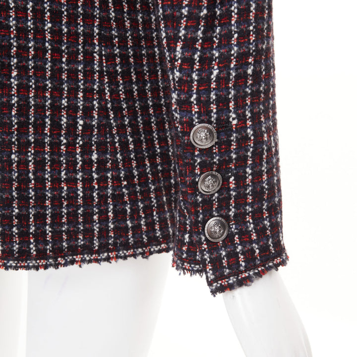 CHANEL 2008 burgundy navy check striped tweed cashmere wool fringe blazer FR42 L