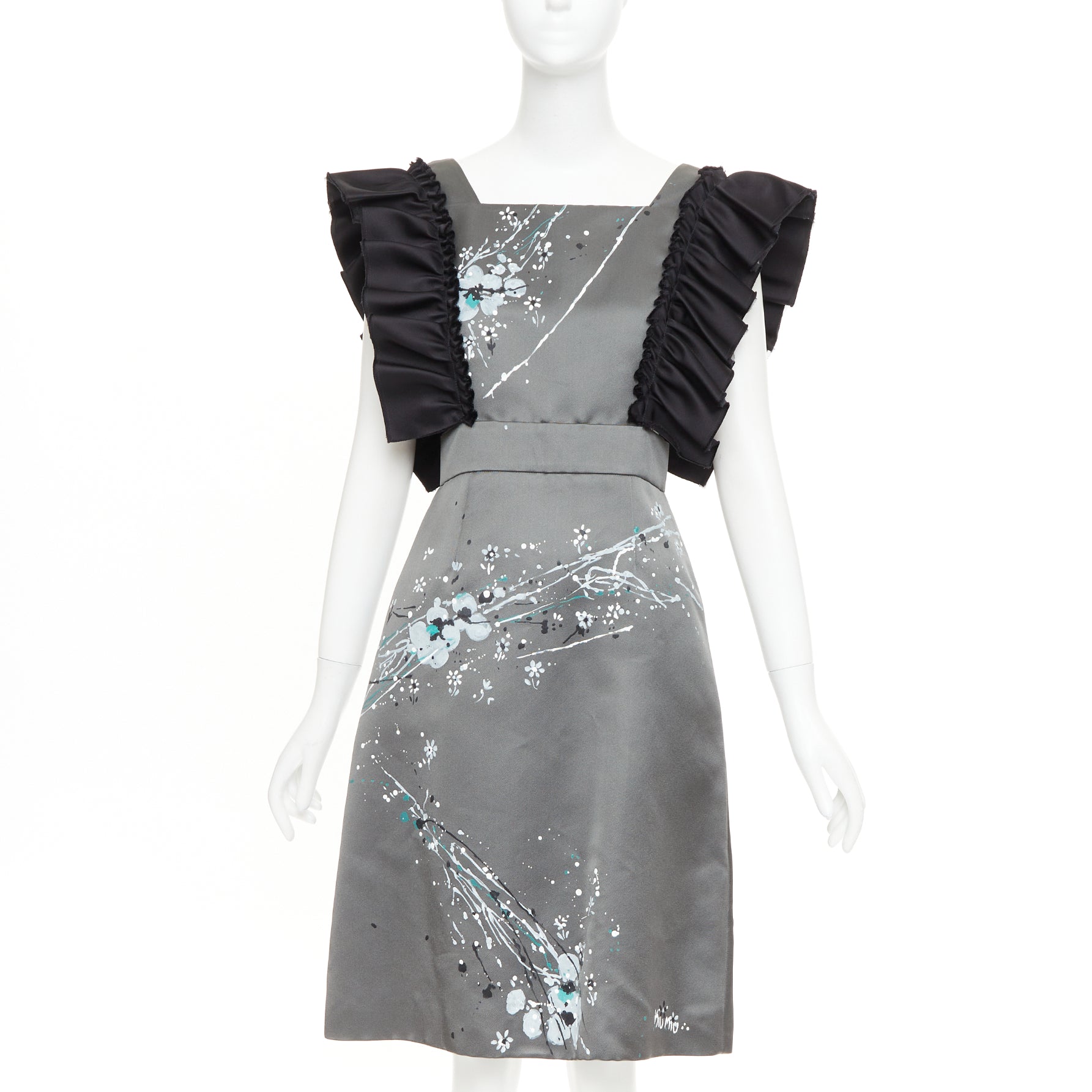 rare MIU MIU 2019 Runway grey black silk ruffle hand painted apron