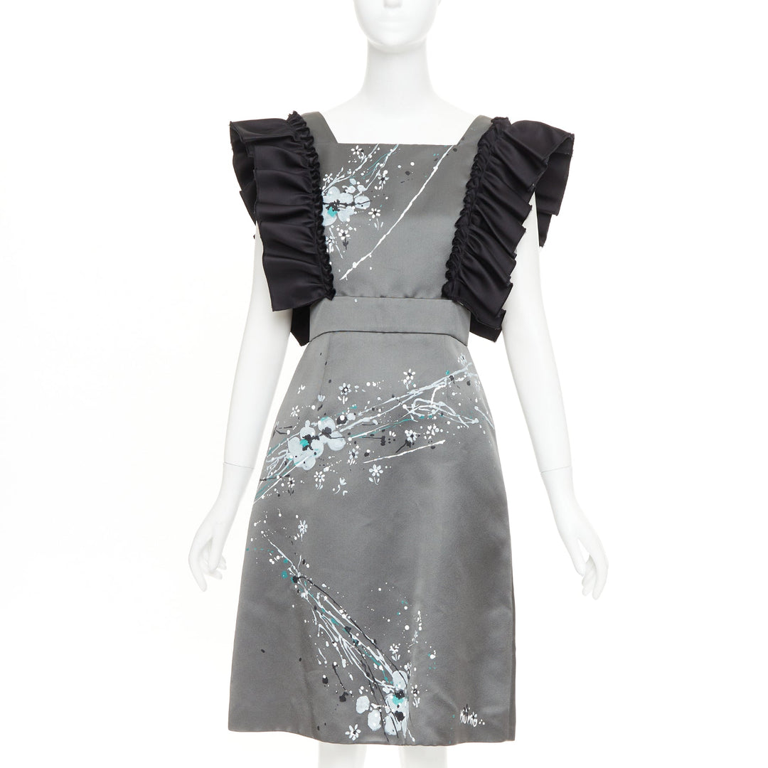 rare MIU MIU 2019 Runway grey black silk ruffle hand painted apron dress IT38 XS