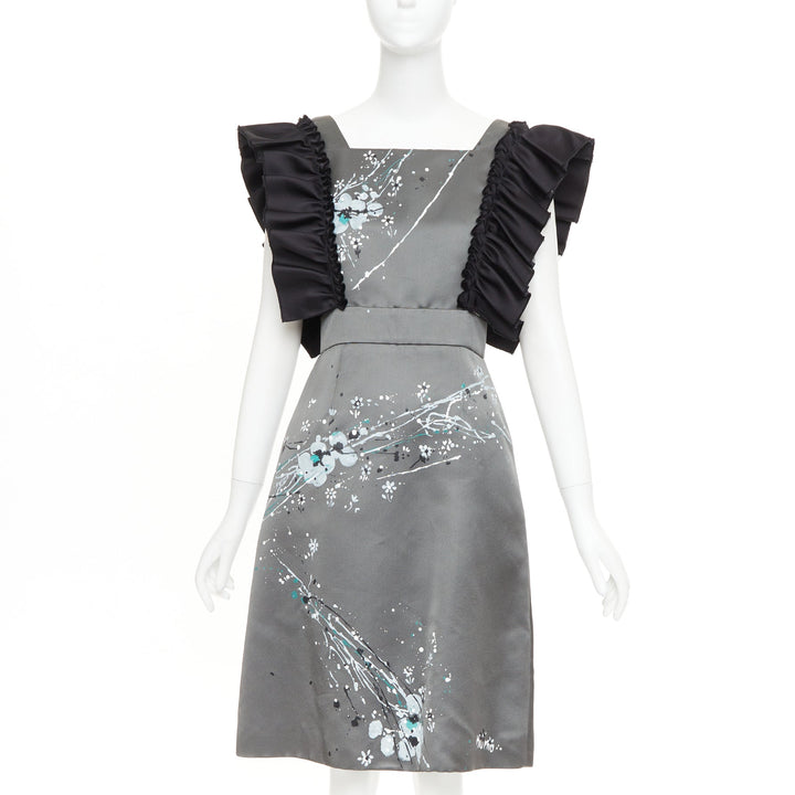 rare MIU MIU 2019 Runway grey black silk ruffle hand painted apron dress IT38 XS