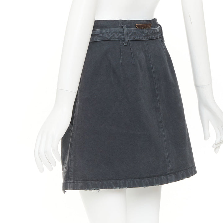 PRADA 2023 grey washed distressed  denim cargo pocket belted mini skirt IT38 XS