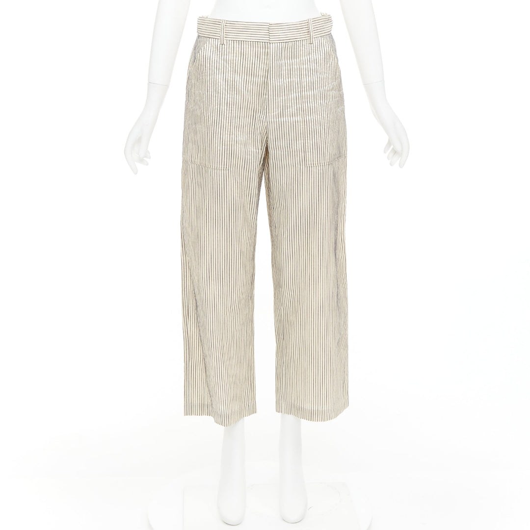 CHRISTIAN DIOR beige navy silk cotton striped cropped wide pants FR36 S
