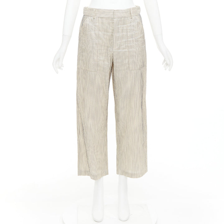 CHRISTIAN DIOR beige navy silk cotton striped cropped wide pants FR36 S