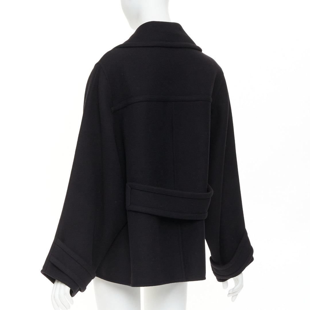 VALENTINO 2021 black wool blend boxy V logo double breasted coat IT40 S