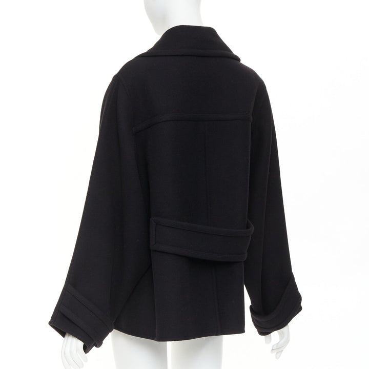 VALENTINO 2021 black wool blend boxy V logo double breasted coat IT40 S