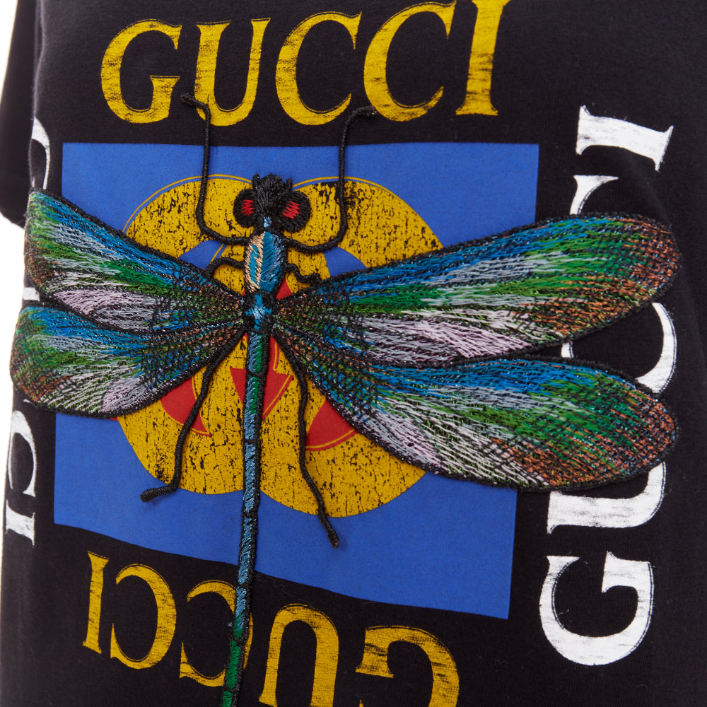 GUCCI 2018 black cotton vintage logo embroidered dragonfly jersey tshirt XS