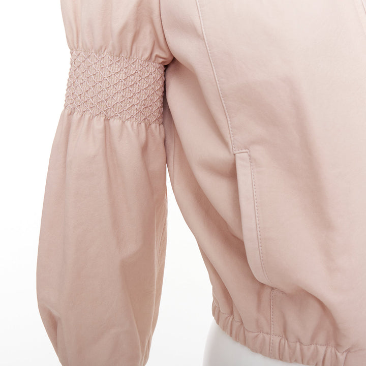 MIU MIU 2019 baby pink smocked lambskin leather ruffled puff crop jacket IT40 S