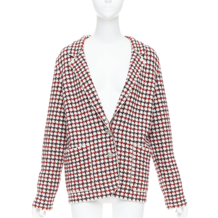 BARRIE burgundy cream cashmere lambswool houndstooth knit blazer XS