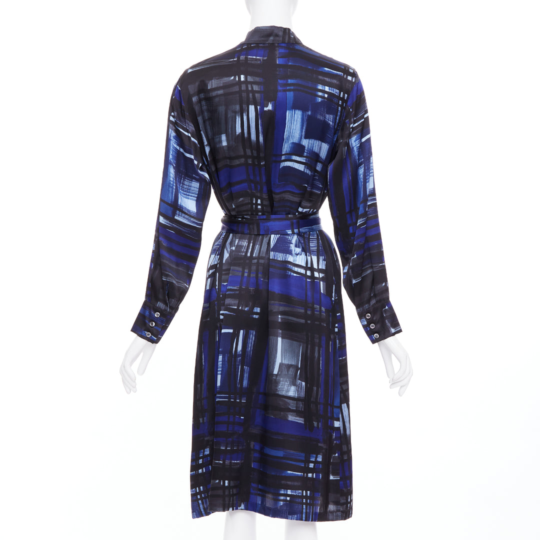 MARINA RINALDI 100% silk blue black brush print belted shirt dress Sz.15 M