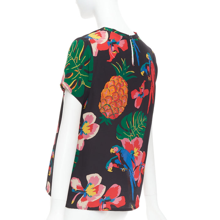 VALENTINO Tropical Couture 100% silk black parrot floral print crew top M