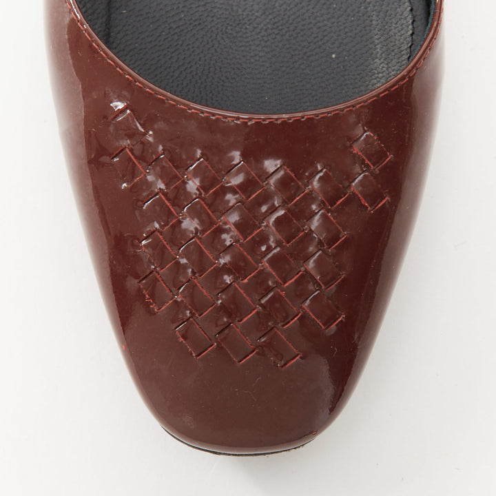 BOTTEGA VENETA burgundy patent leather intrecciato square toe block pumps EU37