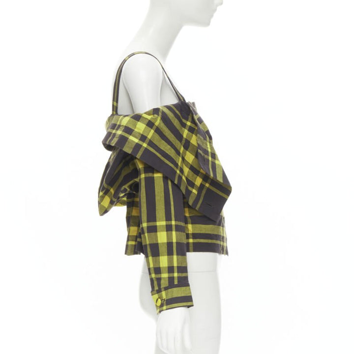 ISSEY MIYAKE Vintage black yellow check plaid cotton stand collar shirt S Rare