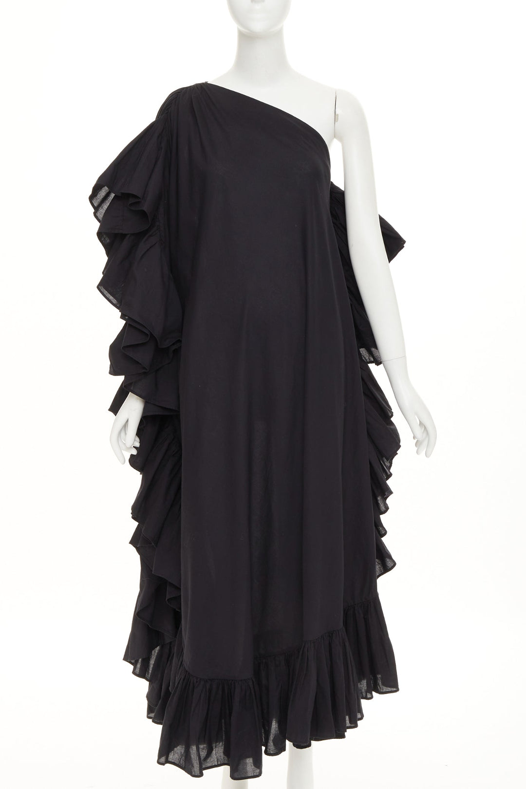KALITA Evanthie black asymmetric one shoulder ruffled cotton dress S