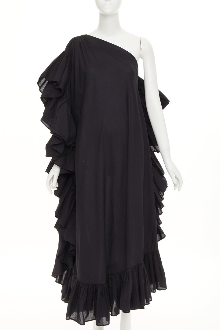 KALITA Evanthie black asymmetric one shoulder ruffled cotton dress S