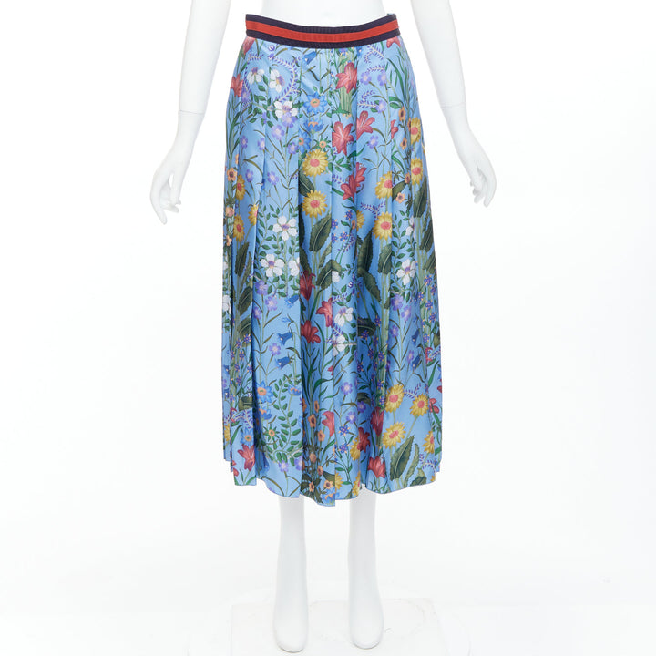 GUCCI 2016 New Flora 100% silk blue bloom pleated skirt IT42 M