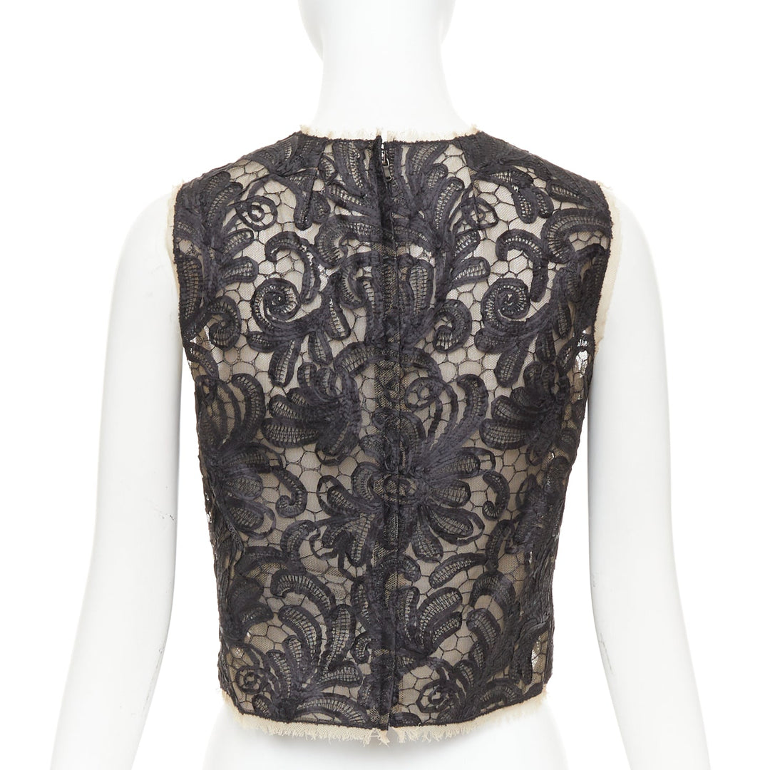 DOLCE GABBANA black nude overlay applique lace crew neck crop top IT40 S