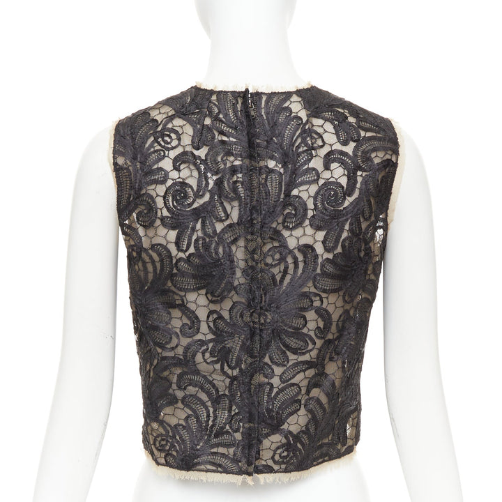 DOLCE GABBANA black nude overlay applique lace crew neck crop top IT40 S