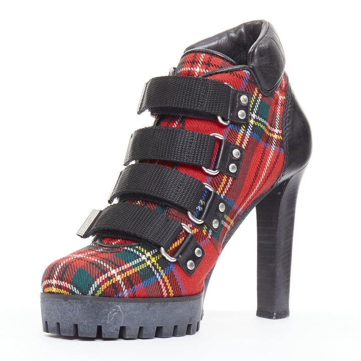 rare DSQUARED2 Vintage red tartan wool punk buckle ankle booties EU36