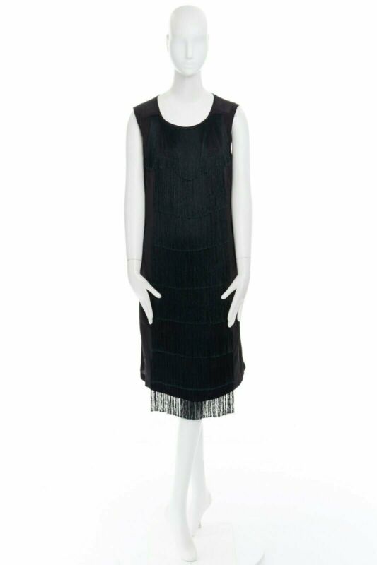 runway DRIES VAN NOTEN 2013 black fringe trim silk flapper dress FR38 US6 S