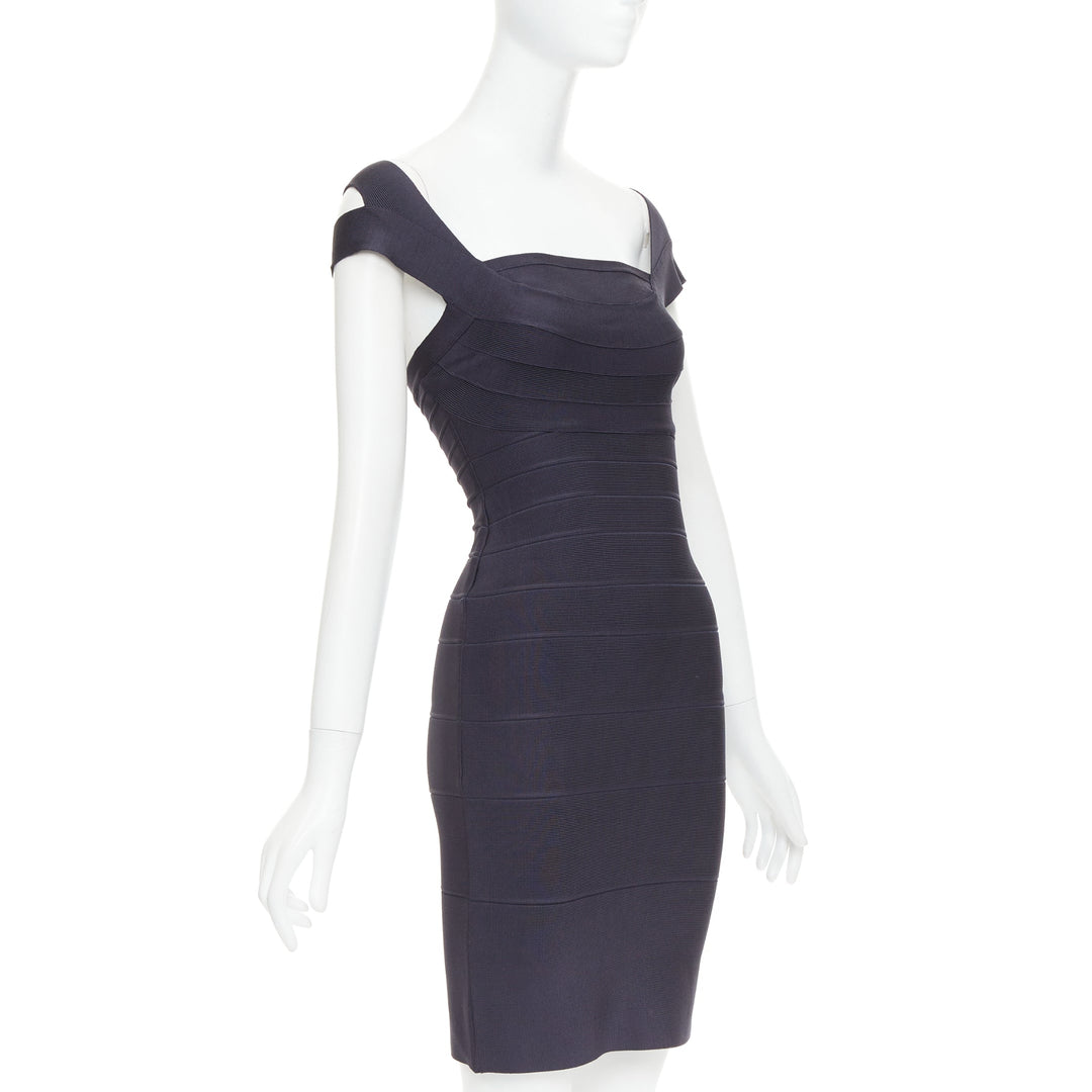 HERVE LEGER dark blue square neck bodycon bandage dress XXS