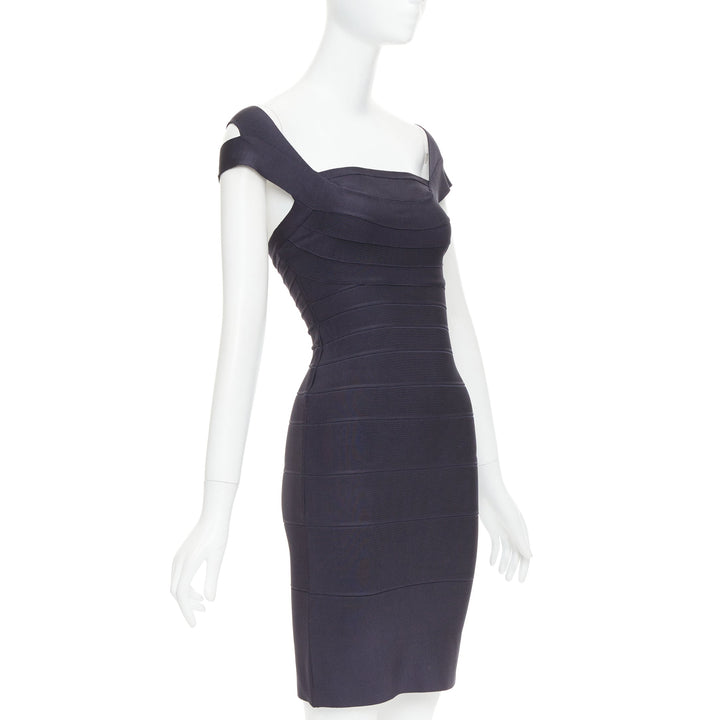 HERVE LEGER dark blue square neck bodycon bandage dress XXS