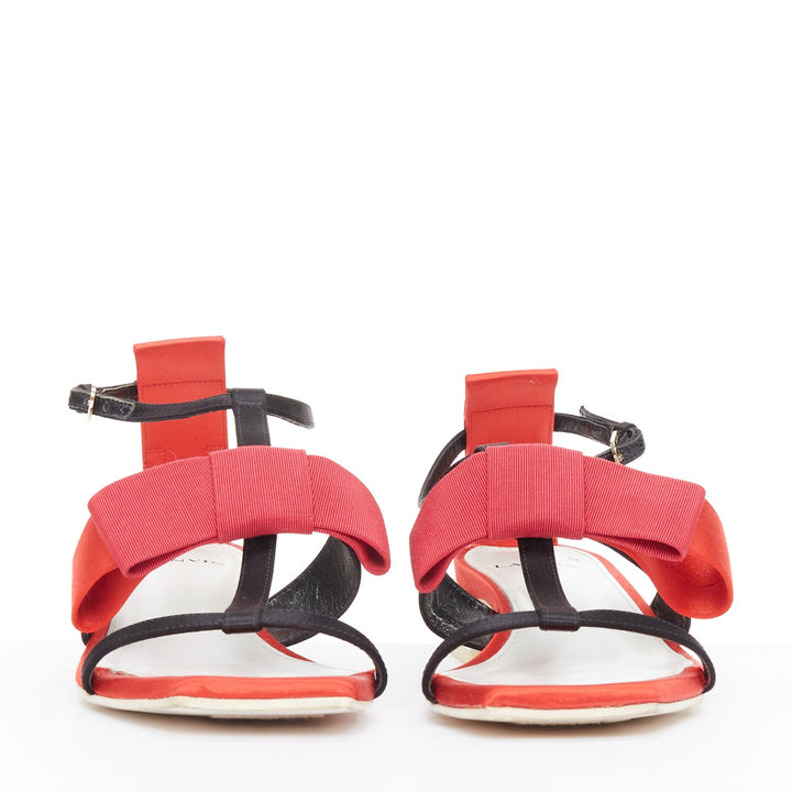 LANVIN 2018 Runway bow embellished red satin T-strap chunky sandals EU37