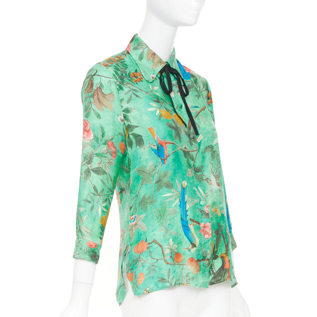 GUCCI 2016 Tian print chinoiserie bird floral silk pussy bow blouse top IT38 XS