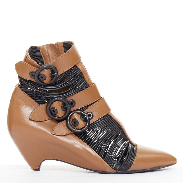 rare BALENCIAGA Nicolas Ghesquiere brown black wired buckle ankle bootie EU37