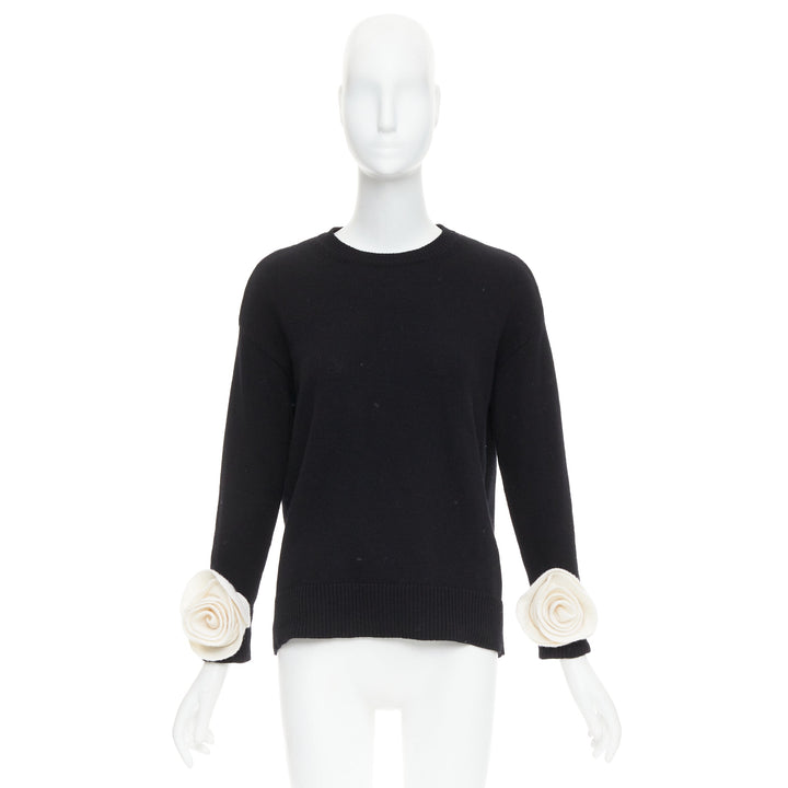 VALENTINO 2024 black virgin wool cream 3D Flower cuff crew neck sweater XS