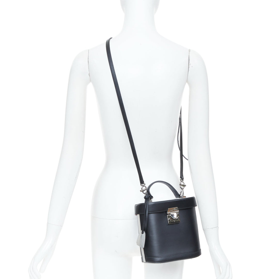 MARK CROSS Benchley smooth black calfskin silver metallic handle bucket bag