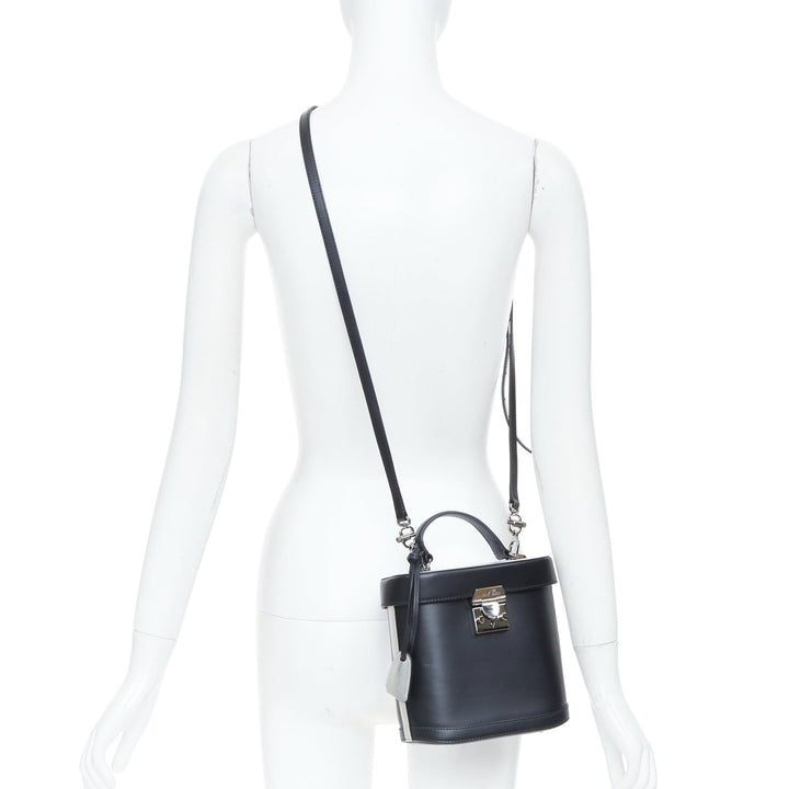MARK CROSS Benchley smooth black calfskin silver metallic handle bucket bag
