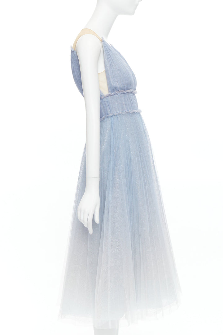 MARCHESA NOTTE baby blue white ombre ruched waist tulle dress UK6 XS