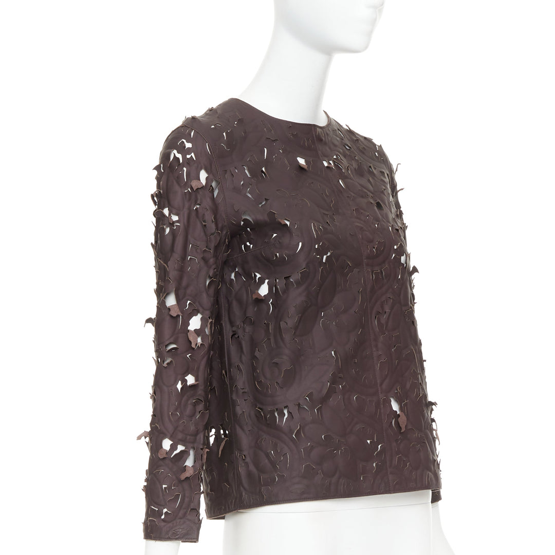rare CARVEN Cassis brown laser cut lambskin leather floral top FR36