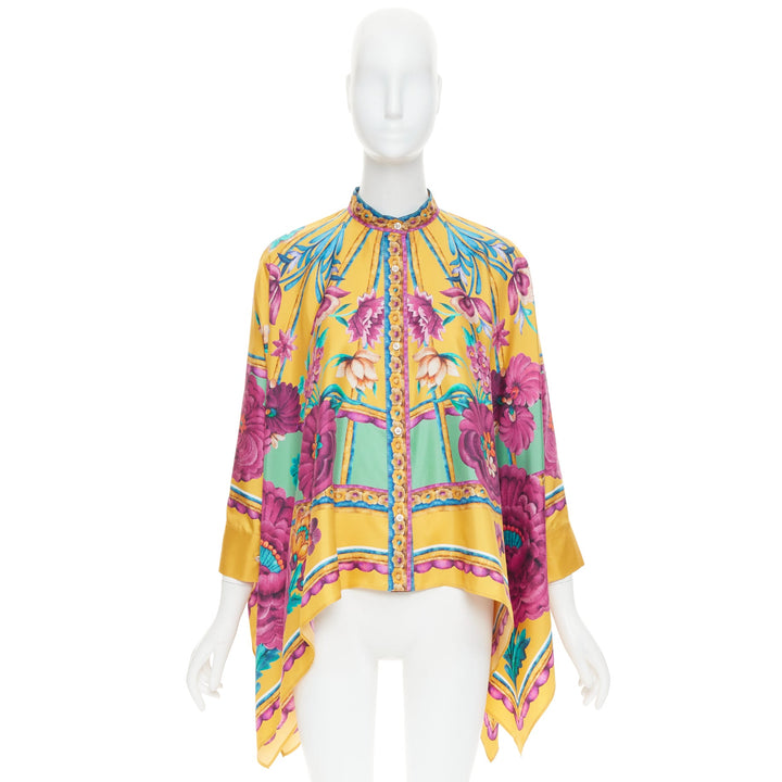 LE DOUBLE J Edition 36 Foulard 100% silk gold pink floral print kaftan shirt XS