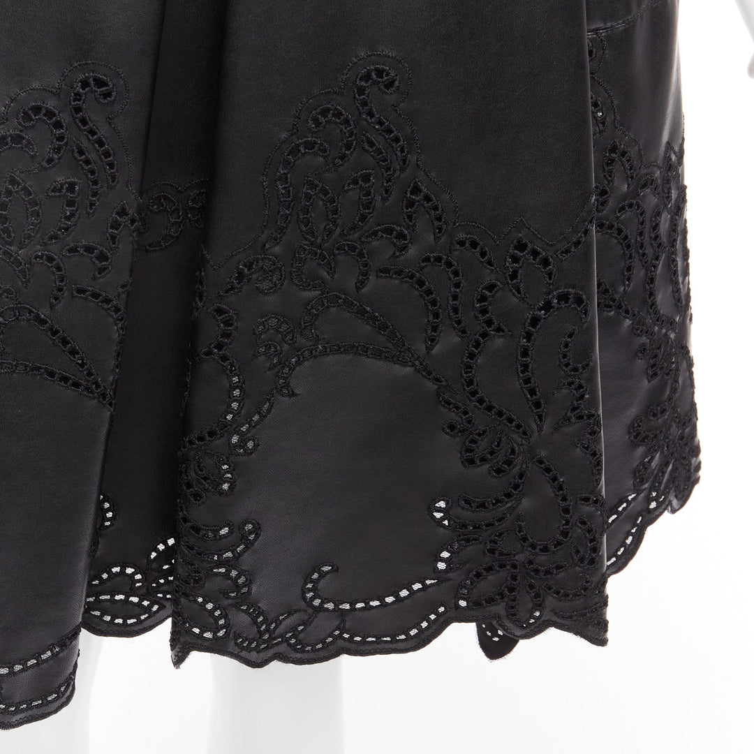 ERMANNO SCERVINO black faux leather lattice embroidery scalloped skirt IT38 XS