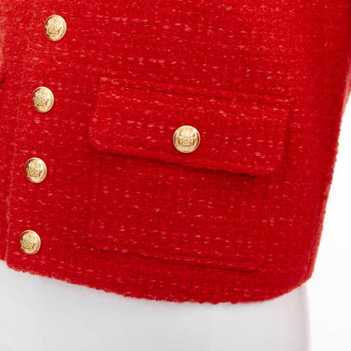 CELINE Chasseur red wool linen tweed gold buttons cropped jacket FR34 XS