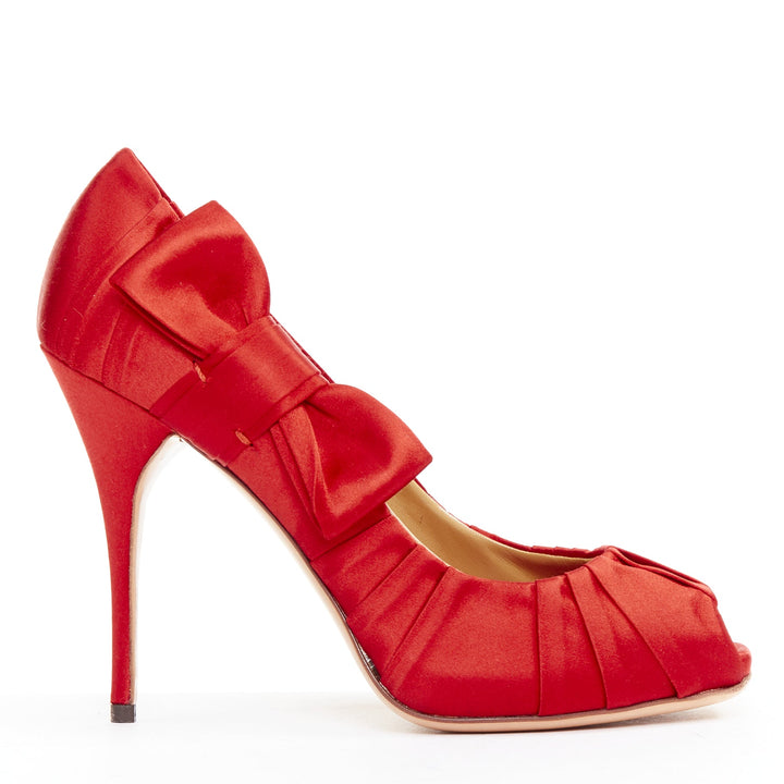 VALENTINO red pleated satin ribbon bow peep toe stiletto pumps EU37