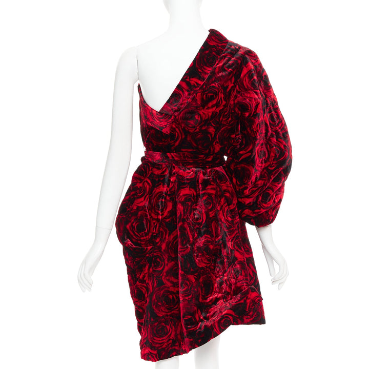 DRIES VAN NOTEN Runway Delta red rose velvet quilted one shoulder dress FR38 M