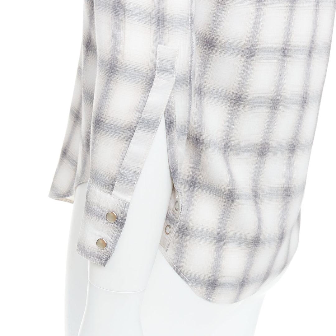 SAINT LAURENT 2016 grey cream checked resin snap buttons shirt M