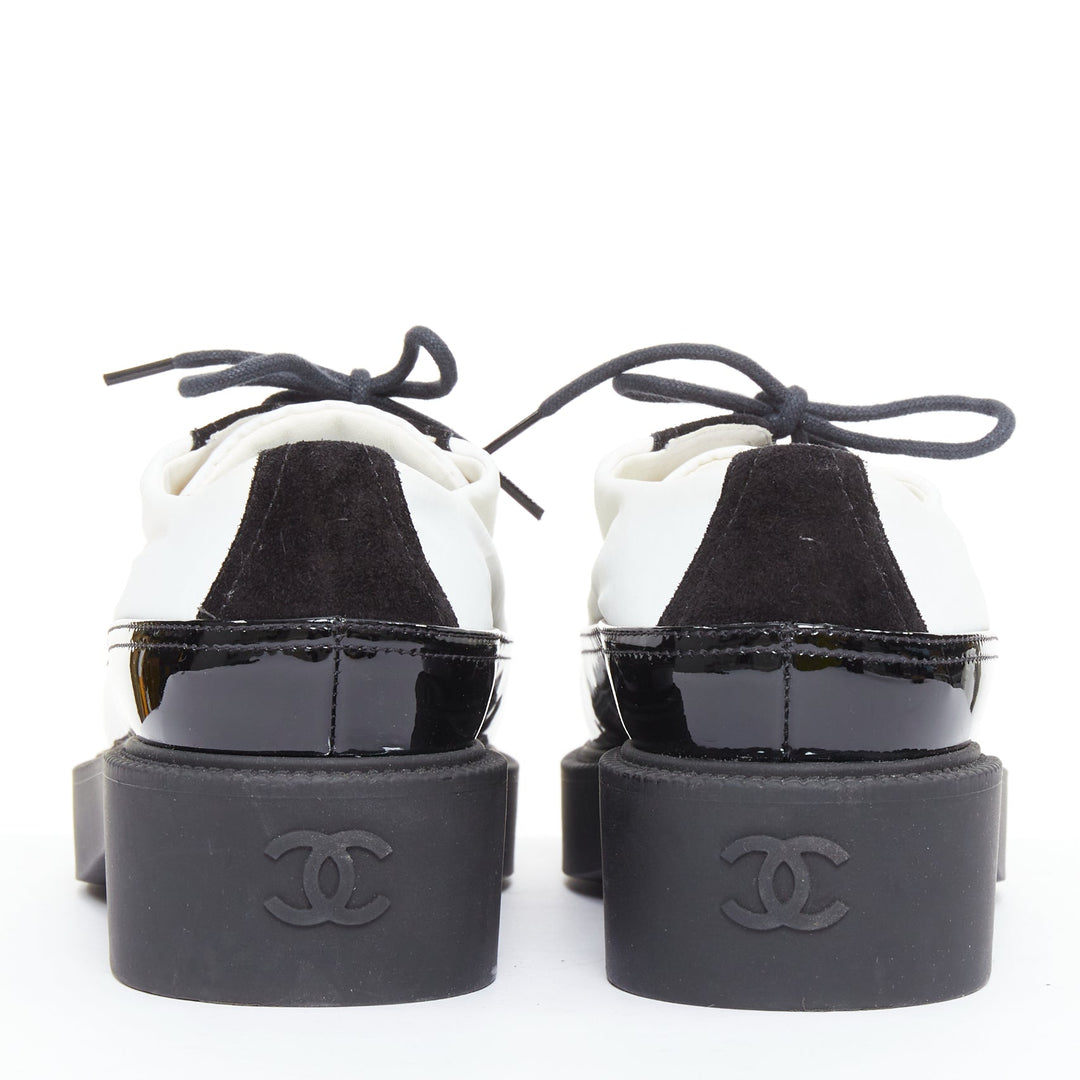 CHANEL 21B black white nylon patent leather trim CC brogue creepers EU38