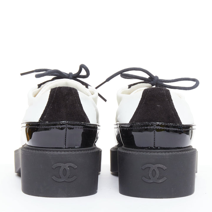 CHANEL 21B black white nylon patent leather trim CC brogue creepers EU38