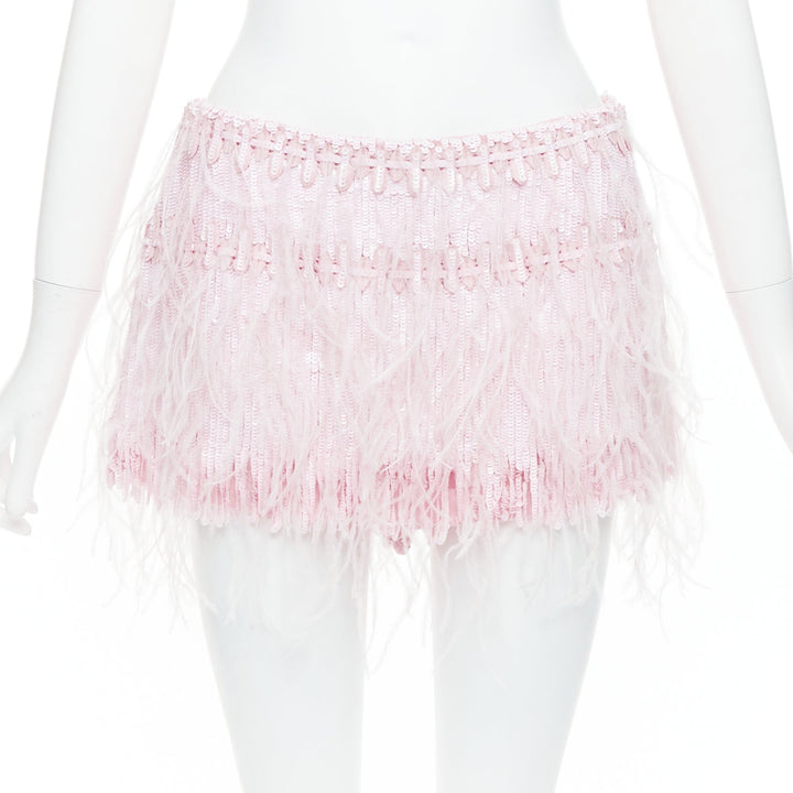 VALENTINO 2023 baby pink silk sequin ostrich feather mini skirt IT40 S