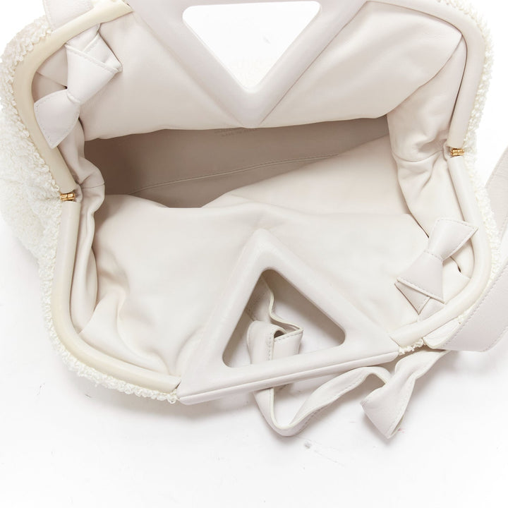 BOTTEGA VENETA Point Triangle white sponge boucle raffia leather shoulder bag
