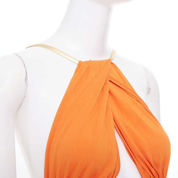 CELINE Vintage orange gold leather trim halter viscose apparel dress FR36 S