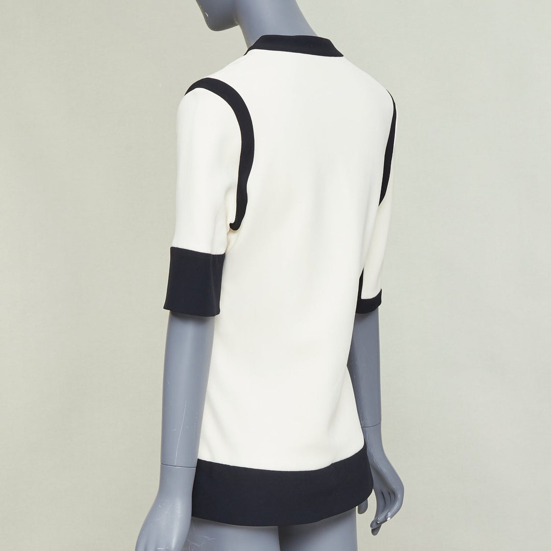 BALENCIAGA 2015 cream black rayon blend colorblock V neck button top FR38 M