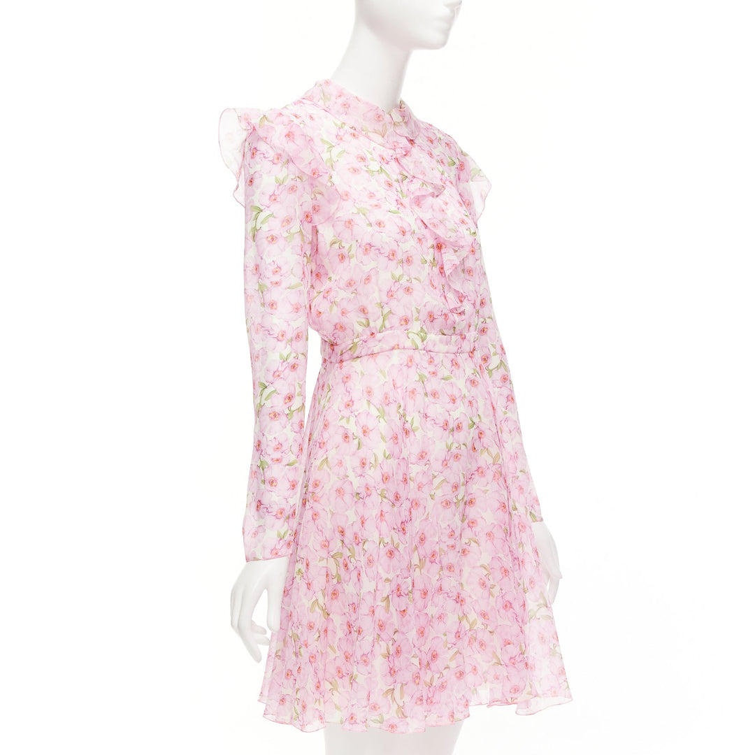 GIAMBATTISTA VALLI 100% silk pink floral illustration print ruffle dress