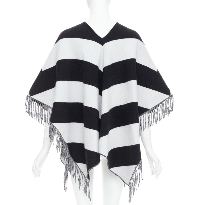 VALENTINO black white stripes logo double layer poncho scarf top