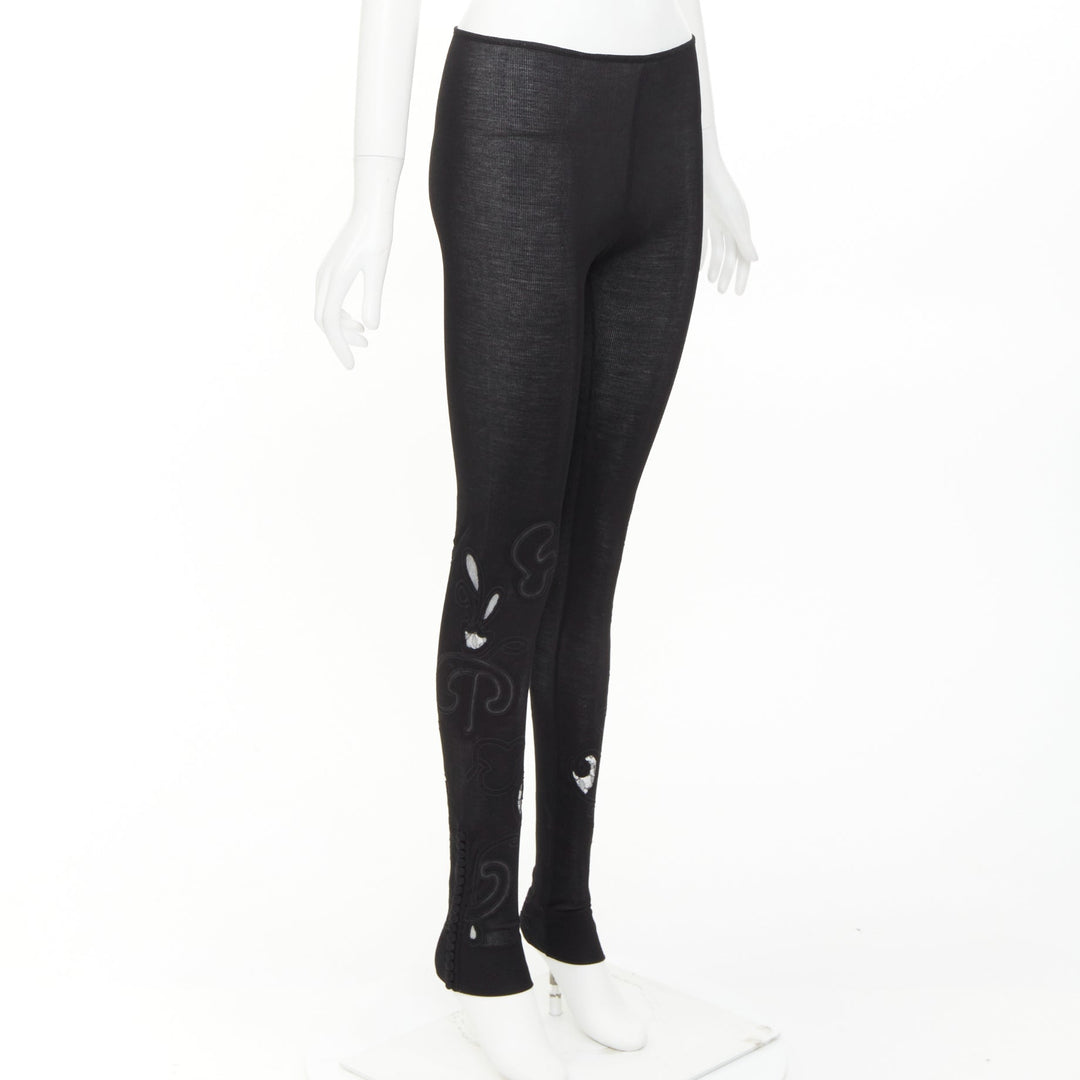 CHLOE 100% silk black lace embroidery cutout applique ribbed leggings XS