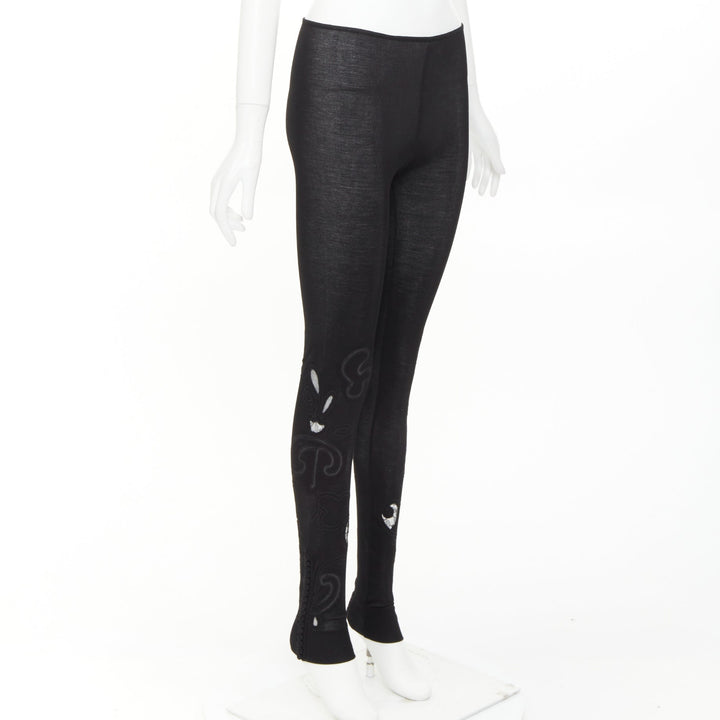 CHLOE 100% silk black lace embroidery cutout applique ribbed leggings XS