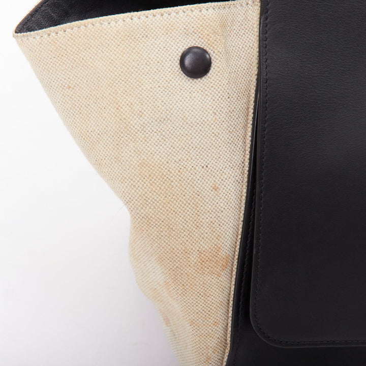 CELINE Trapeze black smooth leather cream canvas crossbody satchel bag